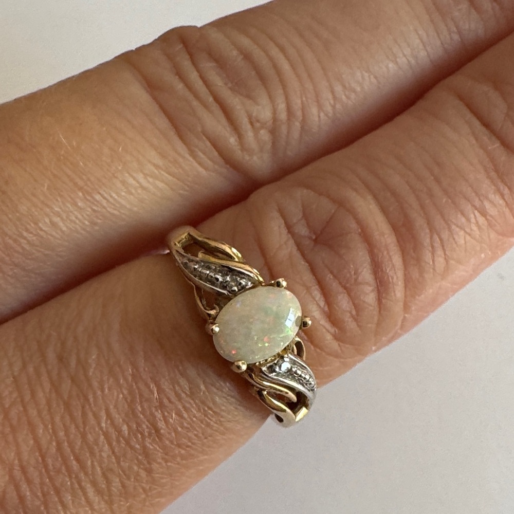 Dainty Opal and Diamond Gold Ring